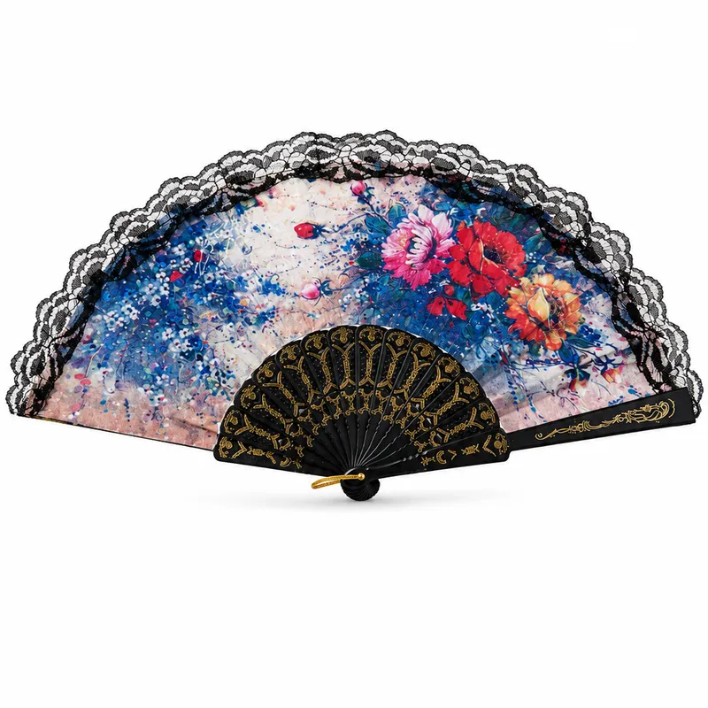 Floral Fan with Black Lace