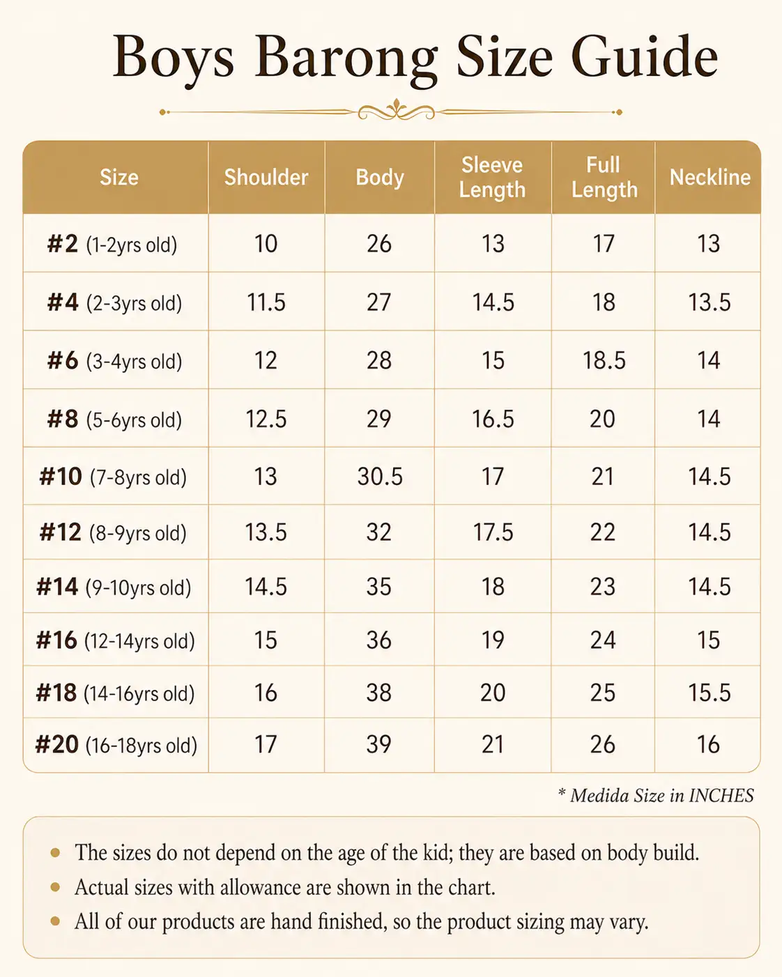 Boys Barong Tagalog size chart