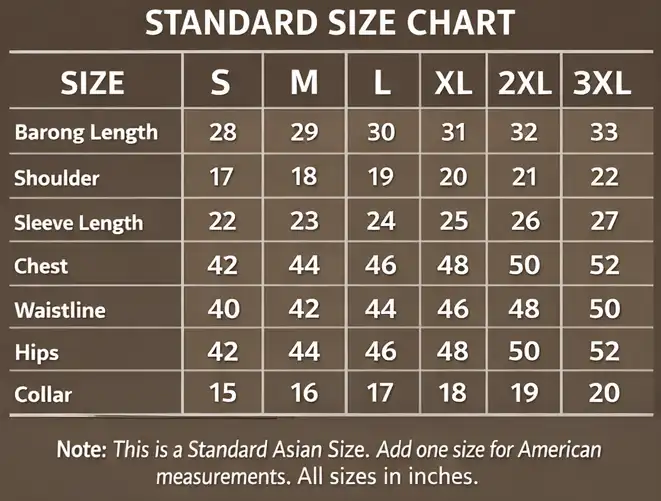 Men's Barong Tagalog size chart