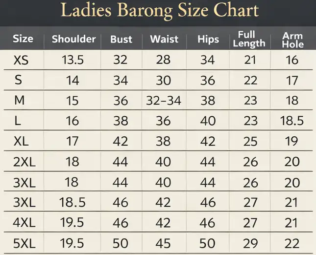 Women's Filipiniana size chart